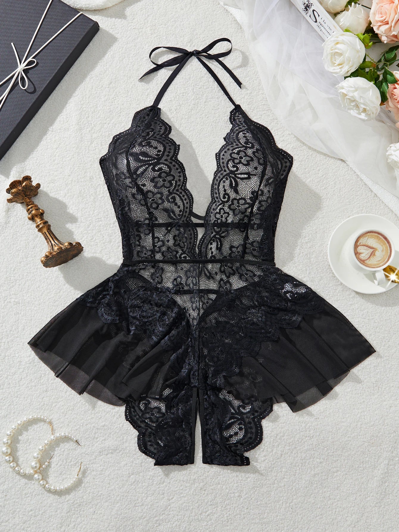 Plus Size 4XL Erotic Backless Deep V Sexy Lingerie Transparent Floral Lace Women Night Dress Teddy Babydoll Crotchless Underwear