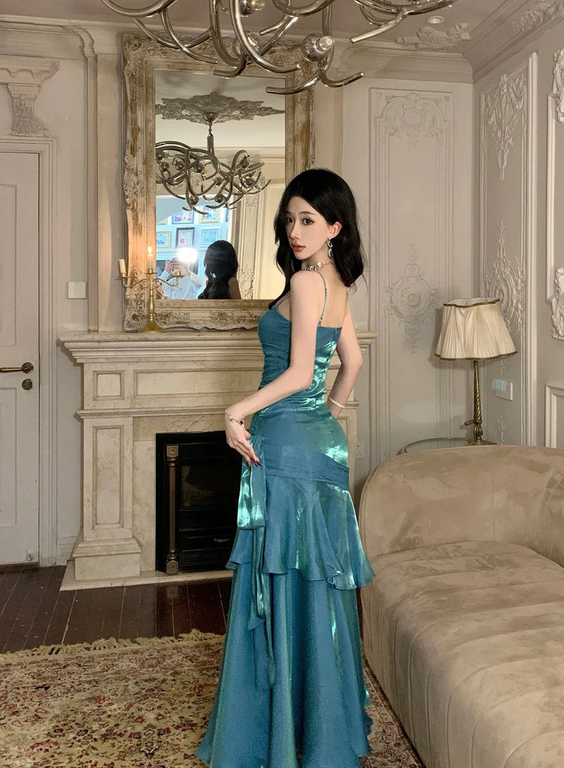 Sexy Solid Spaghetti Strap Sleeveless Evening Dresses Elegant Ruffles Party Long Dress For Women Summer Slim Beach New Vestidos