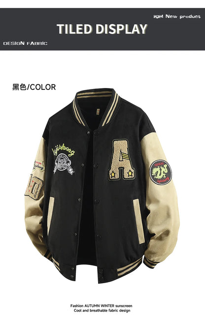 Hip Hop Men's Suede Embroidered Varsity Jacket Color Block Letter Graphic Long Sleeve Baseball Jacket Bomber Coat