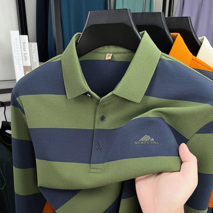 High end brand men's long sleeve polo shirt autumn fashion striped original letter design boutique golf casual business T-shirt