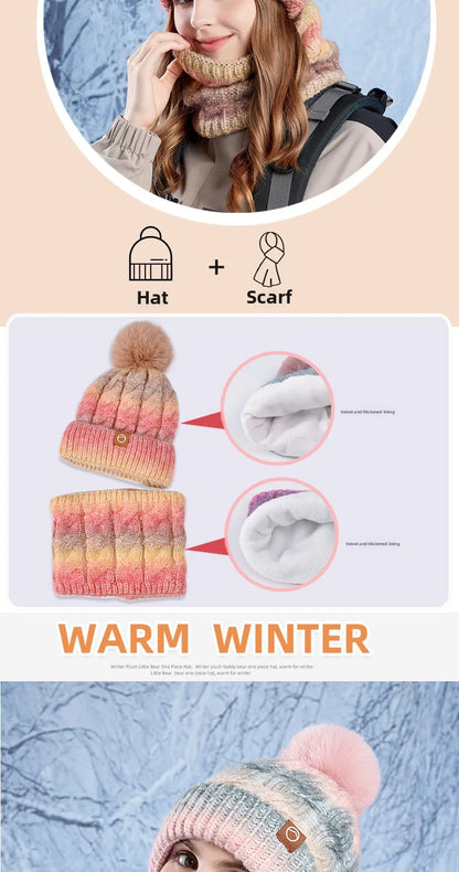 Winter Lady Warm Hat Scarf Two-piece Set Fleece Thickened Gradual Change Color Knitted Skiing Hat Fashion Pullover Hat for Women