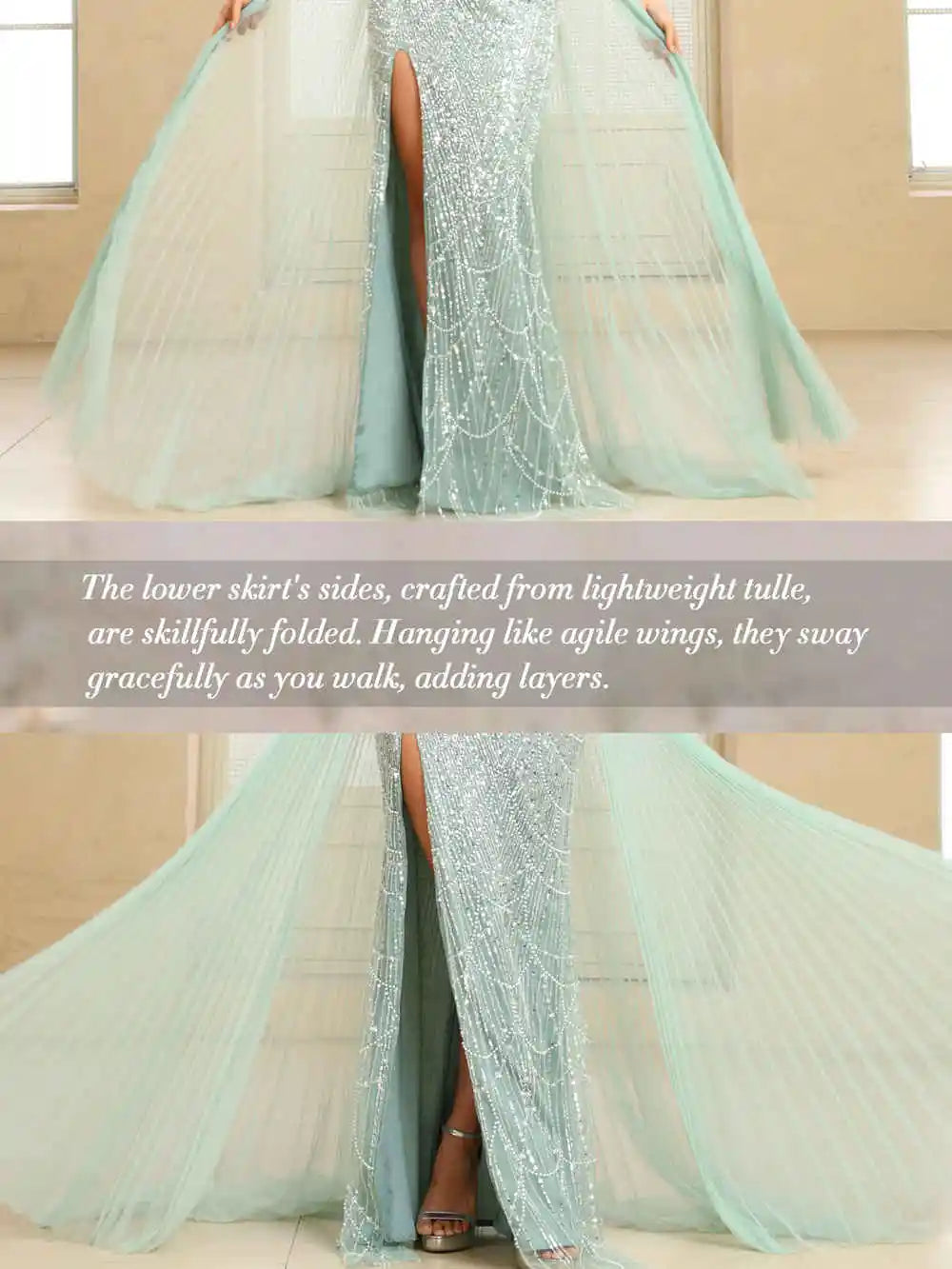 FATAPAESE Glamour Sequin Pearls Luxury Evening Dresses Sexy Tulle Train Party Dress for Wedding Charity Prom Award Ceremony