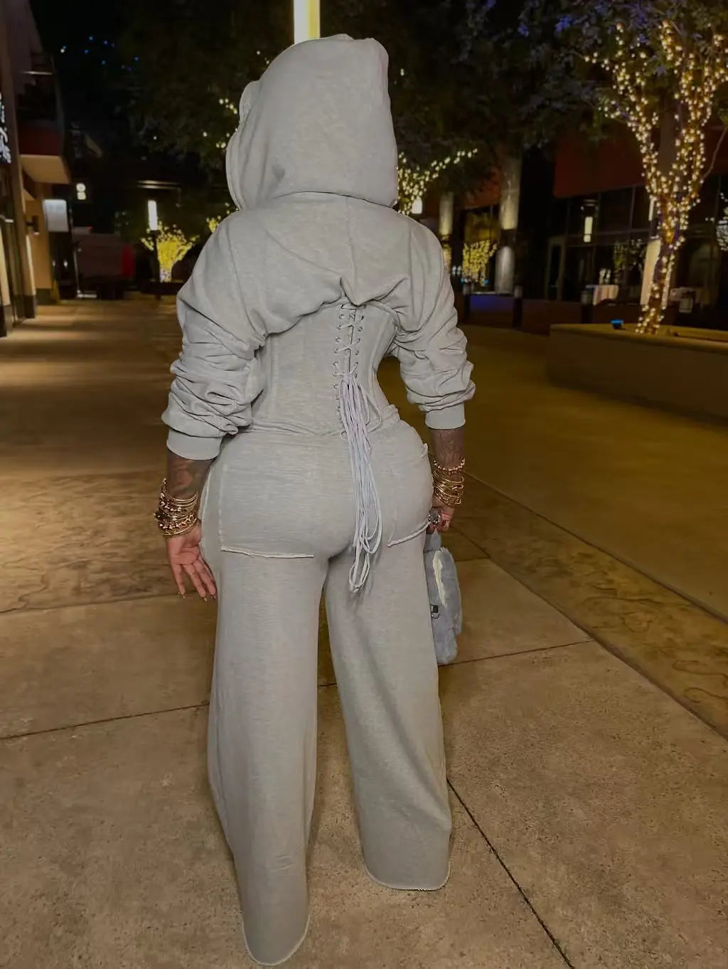 FAGADOER Casual 2 Pieces Set for Woman Outfits Solid Color Bandage Patchwork Hooded Crop Top and Pants Suit Female Streetwear