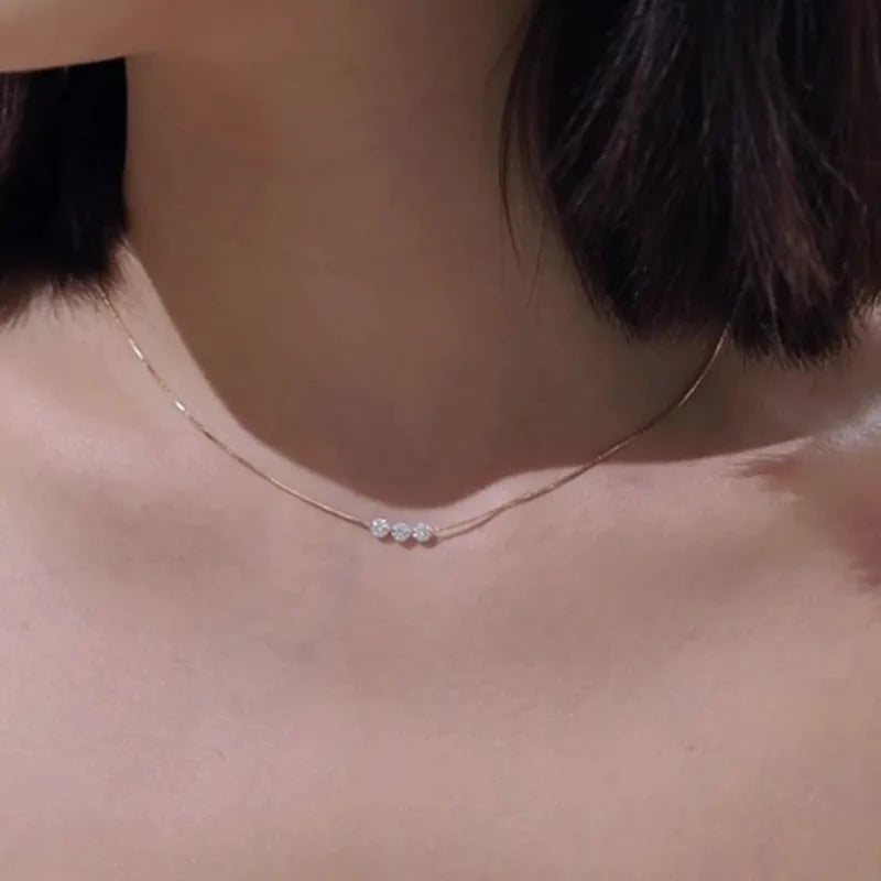 ANENJERY Three Zircon Thin Necklace for Women Simple Clavicle chain Delicate Elegant Jewelry Gifts Wedding Wholesale