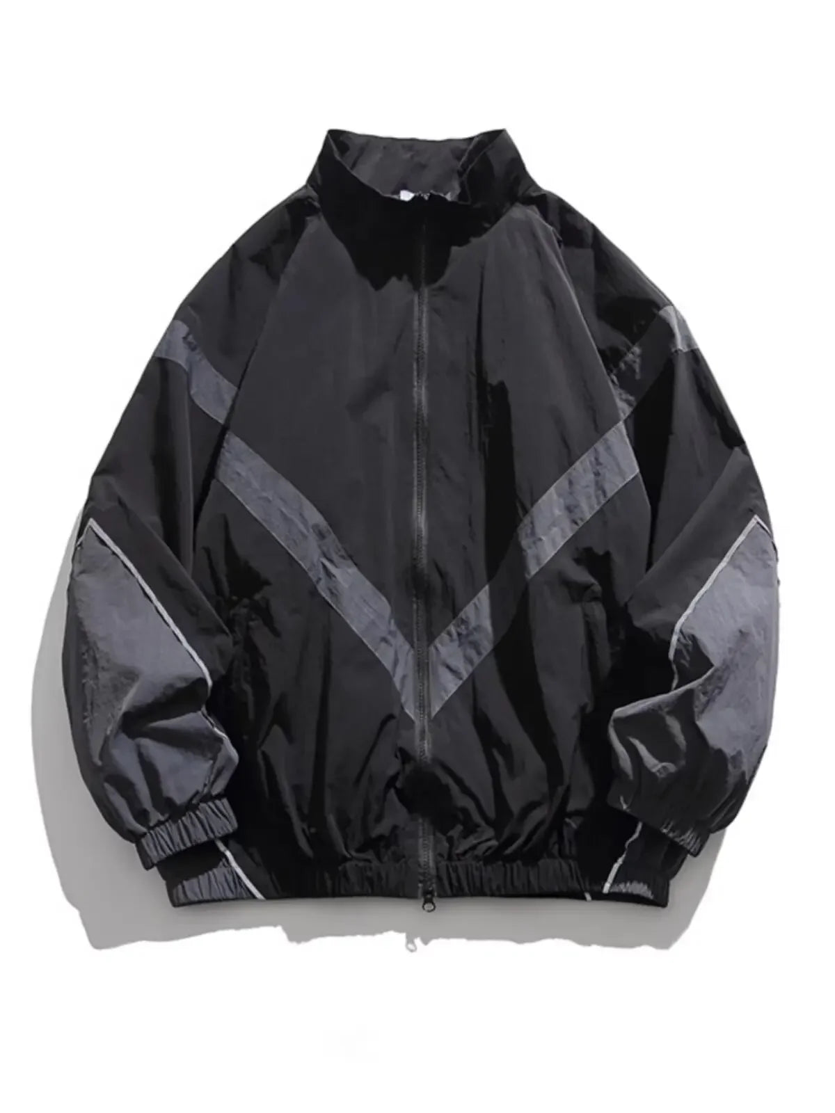 Trendy American Style Zippered Hooded Jacket Men's Loose Fit Casual Autumn Fashion Thin Jacket Reflective Patchwork Stand Collar