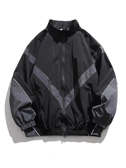 Trendy American Style Zippered Hooded Jacket Men's Loose Fit Casual Autumn Fashion Thin Jacket Reflective Patchwork Stand Collar