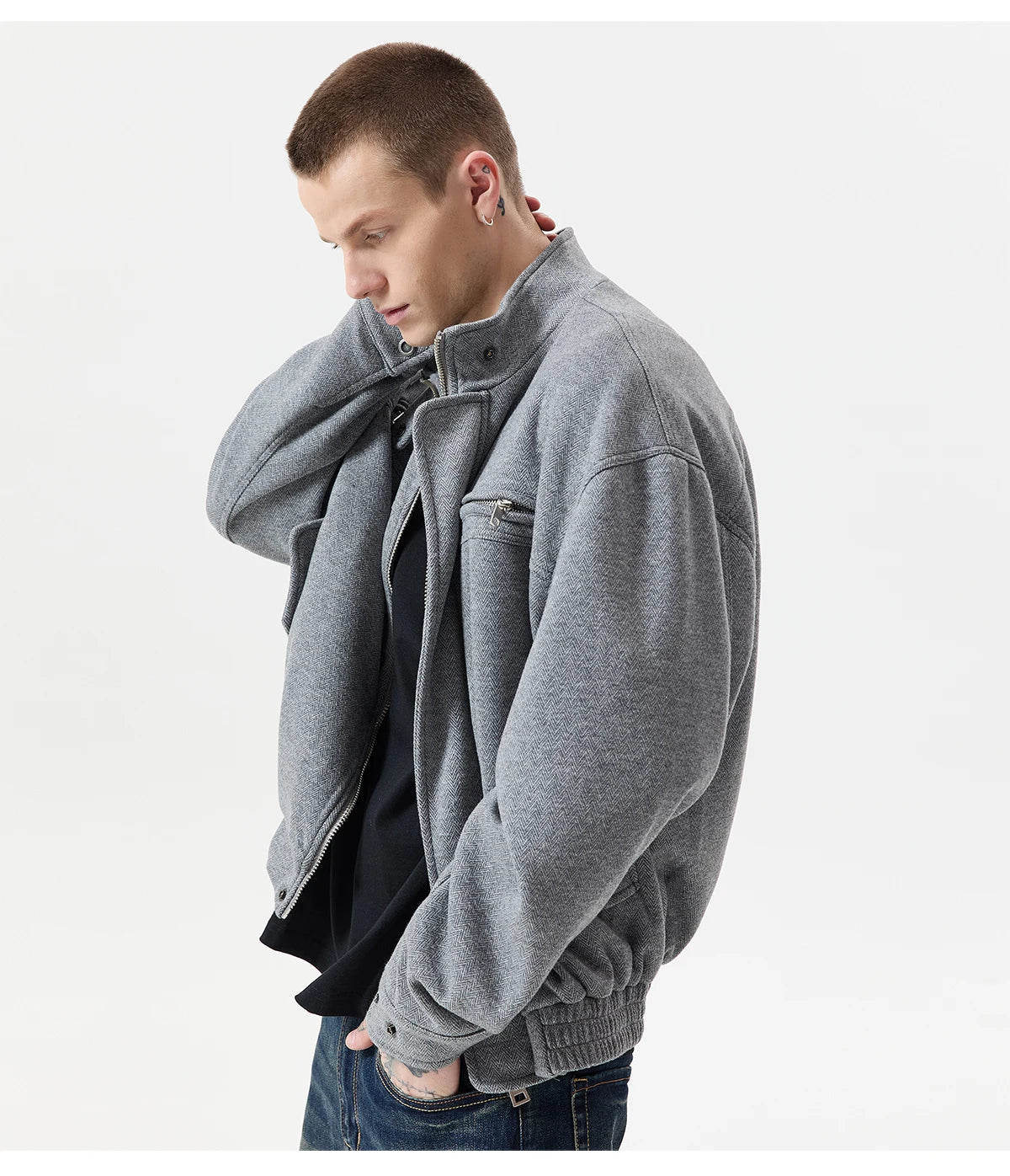 Autumn Winter Woolen Bomber Jacket Men Stand Collar Vintage Fashion Loose Casual Short Cargo Jacket Korean Streetwear Coat