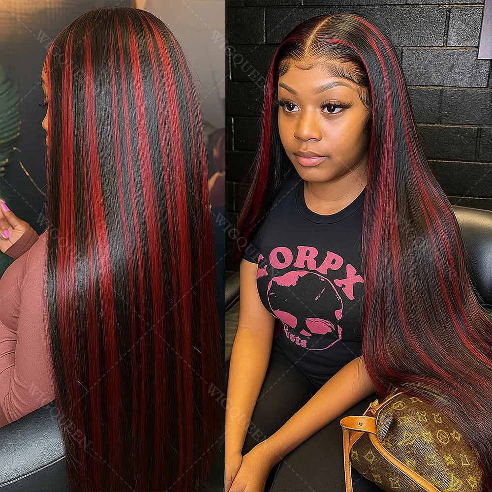 Black With Red Blonde Highlight Bone Straight Wig 5x5 Glueless Wig Human Hair Ombre Burgundy Colored Preplucked Wig Wear and Go