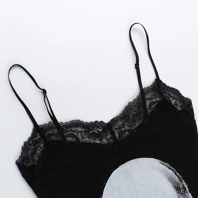 Goth Dark Streetwear Anime Skull Print Straps Mini Dress Fairy Lace Stitch Club Outfits Slim Sexy Bodycon Dresses Mall Gothic