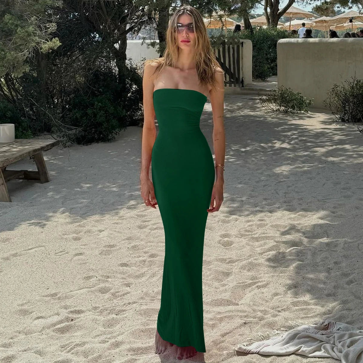 Hugcitar Elegant Women Solid Strapless Backless Bandage Sexy Bodycon Maxi Dress Summer Women Y2K Clothes Beach Vacation Party