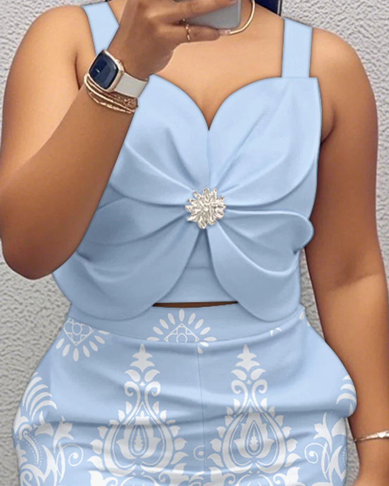 Two Piece Set Women Outfit 2025 Summer Cold Shoulder Thick Strap Bowknot Top & Casual Abstract Print Pocket Design Shorts Set