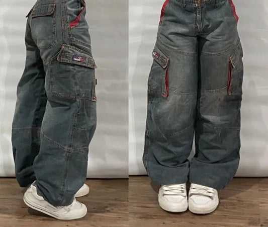 Street Vintage Jeans New Y2K Harajuku Wash Blue Multiple pockets Baggy Jeans Denim Pants Mens Womens High Waist Wide Trousers