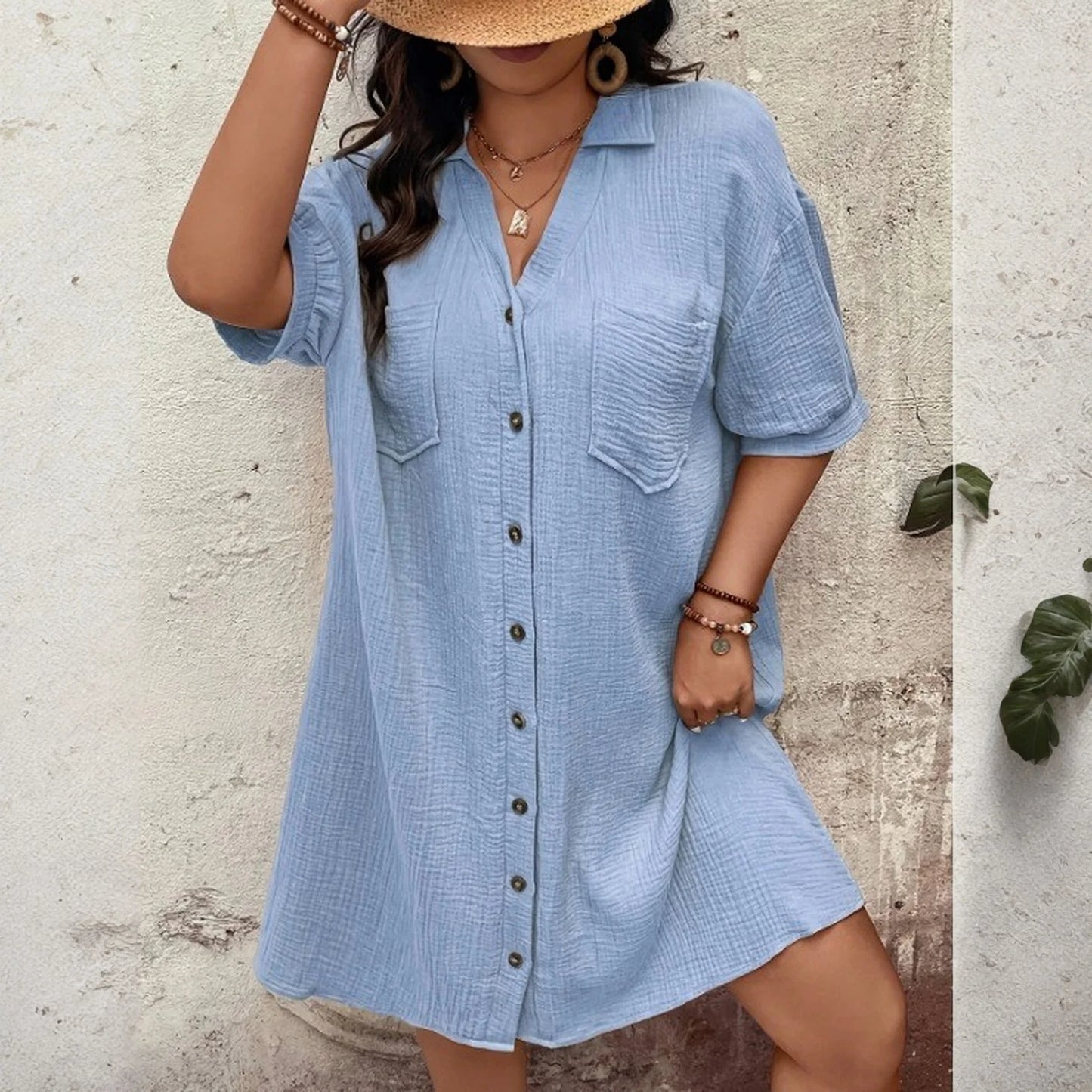 New Women'S Fashion Casual Solid Color Buttoned Mid-Length Short Sleeve Loose Dress Vestidos Para Mujer Ropa De Mujer 신상원피스