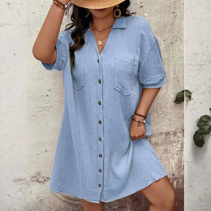 New Women'S Fashion Casual Solid Color Buttoned Mid-Length Short Sleeve Loose Dress Vestidos Para Mujer Ropa De Mujer 신상원피스