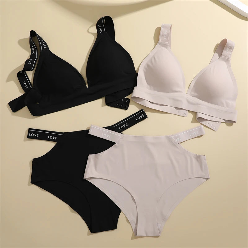 FINETOO Women Seamless Bra Set Sexy Cross Belt Brief Low Waist Panties Wireless Padded Bralette Suit Lingerie Backless Underwear