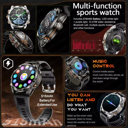 New Outdoor Sport Smart Watch Men 1.46" AMOLED Screen LED Flashlight 515mAh Battery 10ATM Waterproof Bluetooth Call Smartwatch
