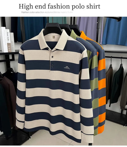 High end brand men's long sleeve polo shirt autumn fashion striped original letter design boutique golf casual business T-shirt