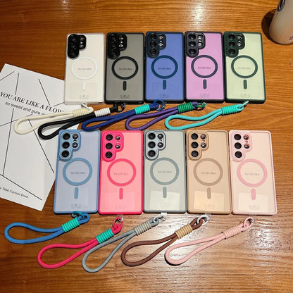 Wrist Strap Cord Magnetic Matte Translucent Armor Case For Samsung S25 Ultra S24 FE S23 Plus For Magsafe Wireless Charge Cover