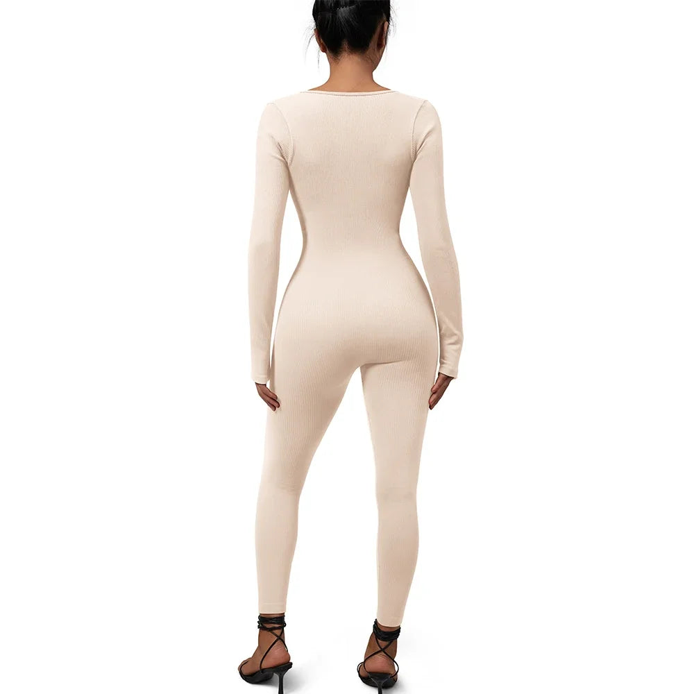 Long Sleeve Jumpsuit Women Bodycon One-piece Outfit Jumpsuit Square Neck Casual Streetwear Rompers Overalls playsuits Bodysuit