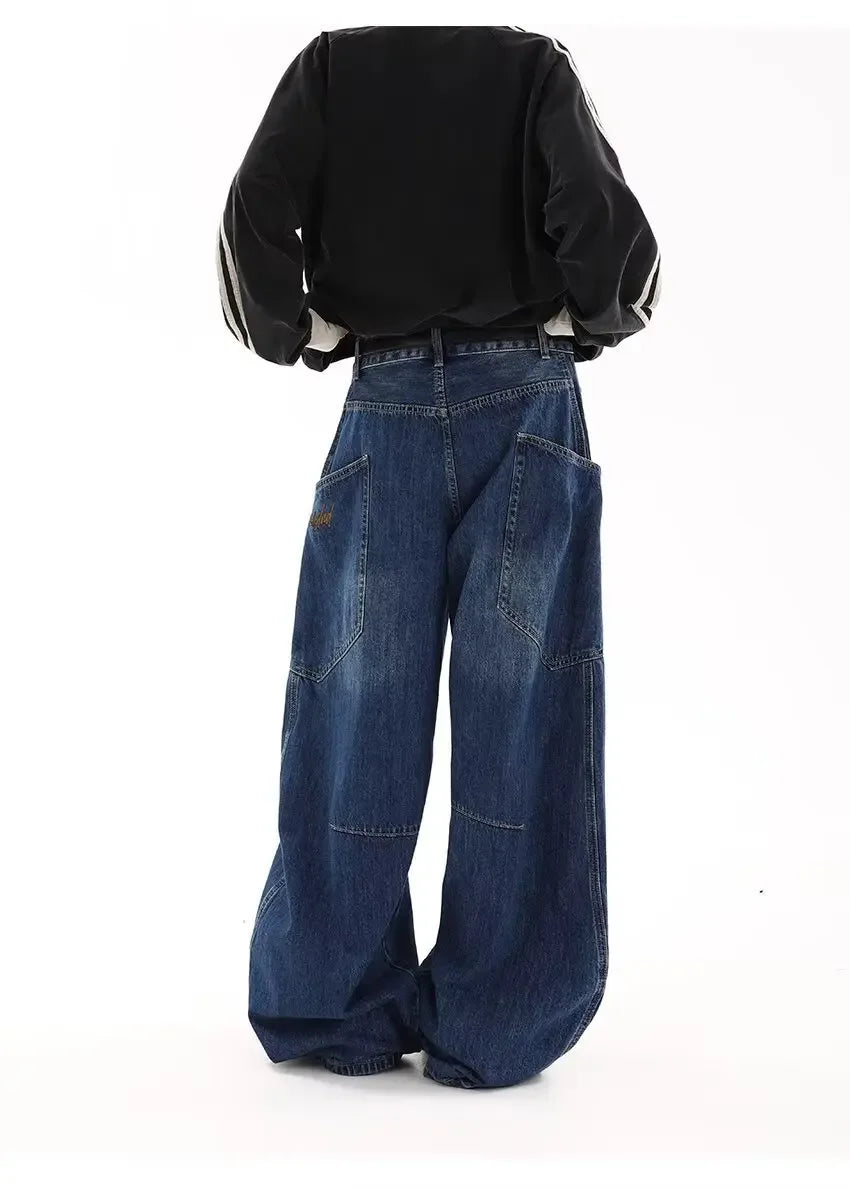 American Retro Knife Pocket Wide Leg Jeans Women's Spring Autumn Style Hot Girl High Street Design Loose Floor-Length Pants