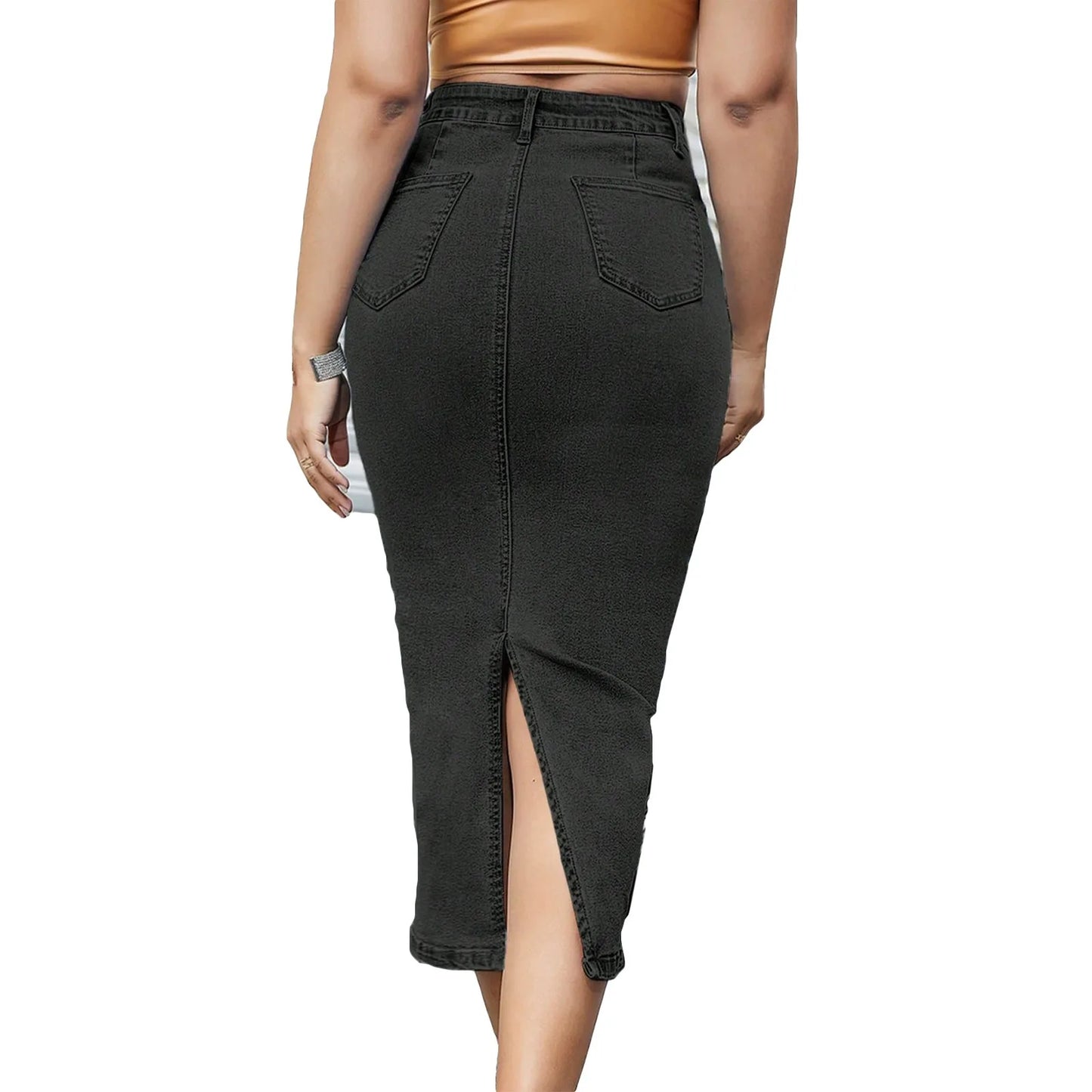 Women's High Waist Denim Hip Hugging Slim Fit Back Slit Skirt With Pockets Elegant Long Denim Skirts Summer Fashion Long Skirt