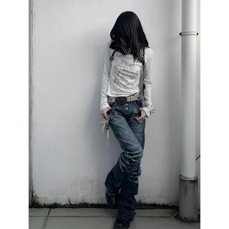 2024 Washed Distressed Micro-flared Jeans for Women Stylish High Street Straight Jeans Harajuku Style Hip Hop Y2k Blue Trousers