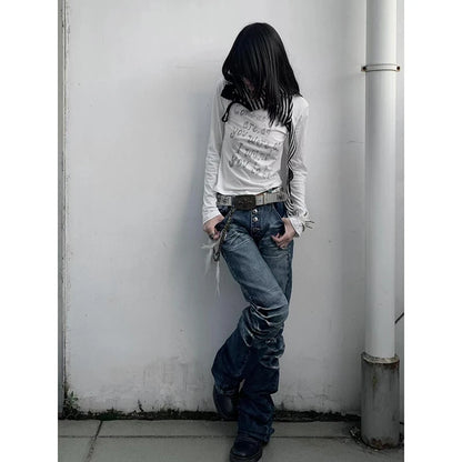 2024 Washed Distressed Micro-flared Jeans for Women Stylish High Street Straight Jeans Harajuku Style Hip Hop Y2k Blue Trousers