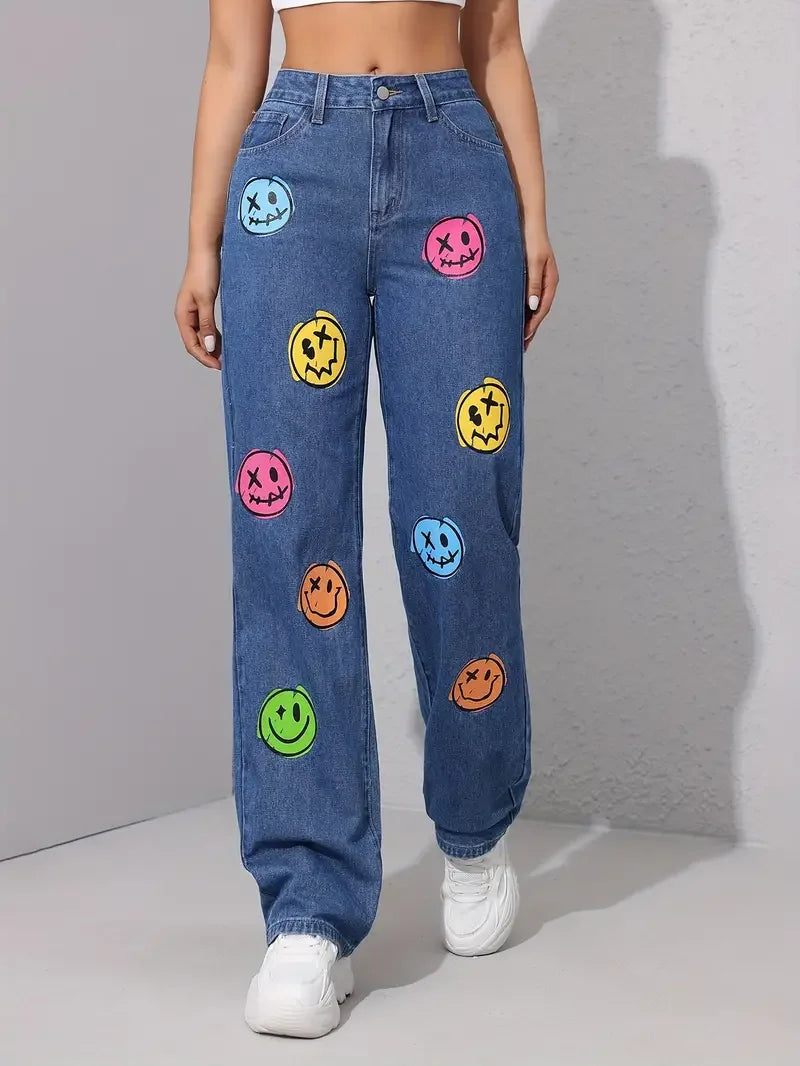 Women Smile Face Print Stretch Jeans Fashion Skinny Bottom High Waist Gray Denim Pants Lady Classic Y2K Punk Long Trousers