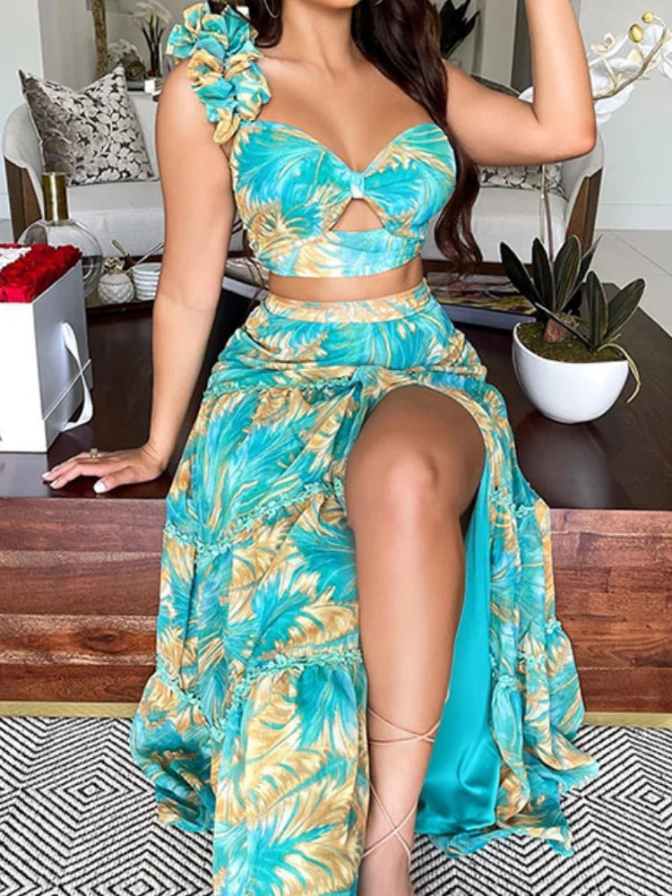 Ruffles Shoulder Two-piece Low Cut Top Leaf Print Skirt for Vacation