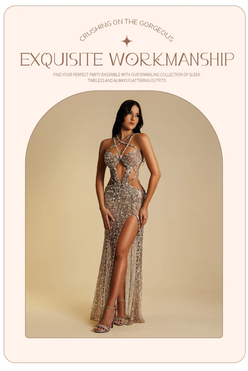 Sexy Gold Sequin Evening Dresses for Women – Luxury Crystal Beaded Prom Dress with High Slit Formal Party Mermaid Gown for Gala