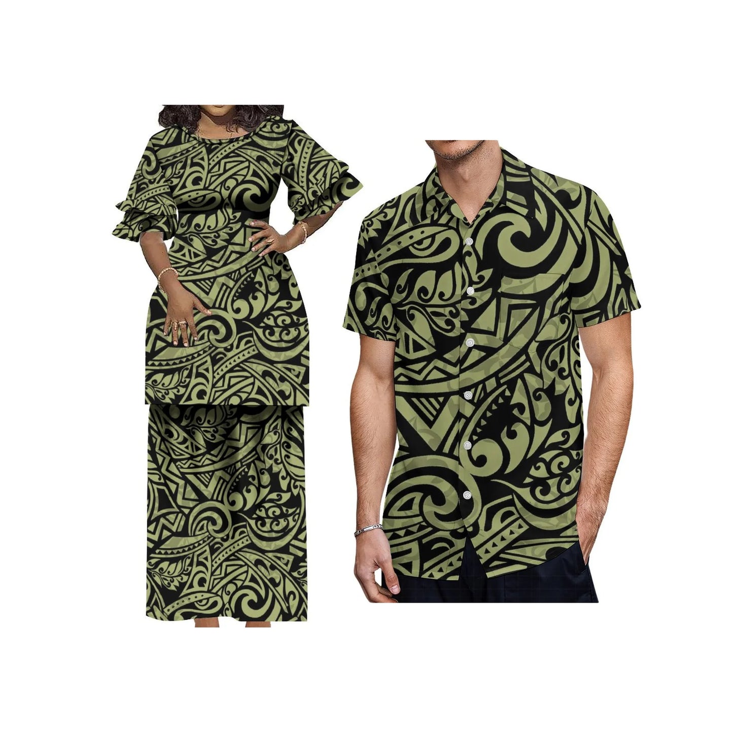 Plus Size Women 2 Piece Outfits Sets Dress New Wholesale Custom Polynesian Tribal Design Petal Sleeve Samoan Puletasi Set