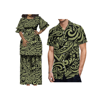 Plus Size Women 2 Piece Outfits Sets Dress New Wholesale Custom Polynesian Tribal Design Petal Sleeve Samoan Puletasi Set