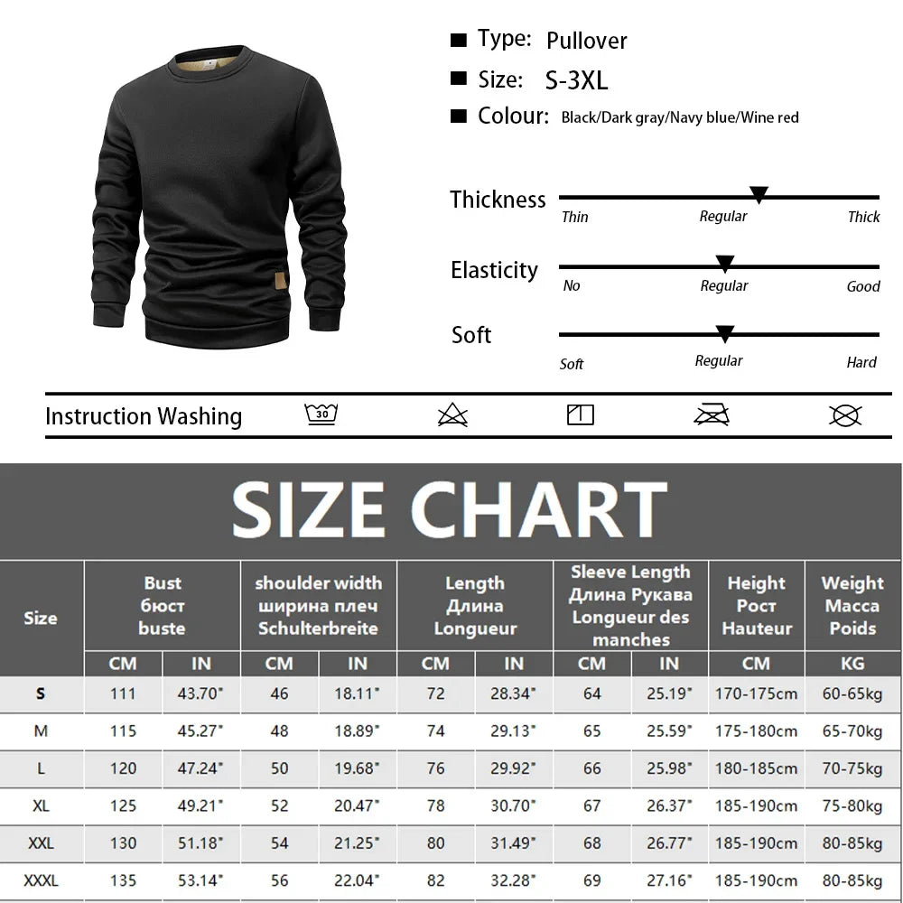 Winter Men's Crew Neck Sweatshirts Solid Color Fleece Thicken Sweatwear Outdoor Casual Daily Long Sleeve Pullover Man Sportswear