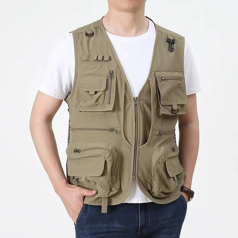 2025 New Men's Vest Tactical Webbed Gear Coat Summer Photographer Waistcoat Tool Many Pocket Mesh Work Sleeveless Jacket Male