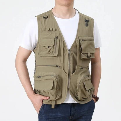 2025 New Men's Vest Tactical Webbed Gear Coat Summer Photographer Waistcoat Tool Many Pocket Mesh Work Sleeveless Jacket Male