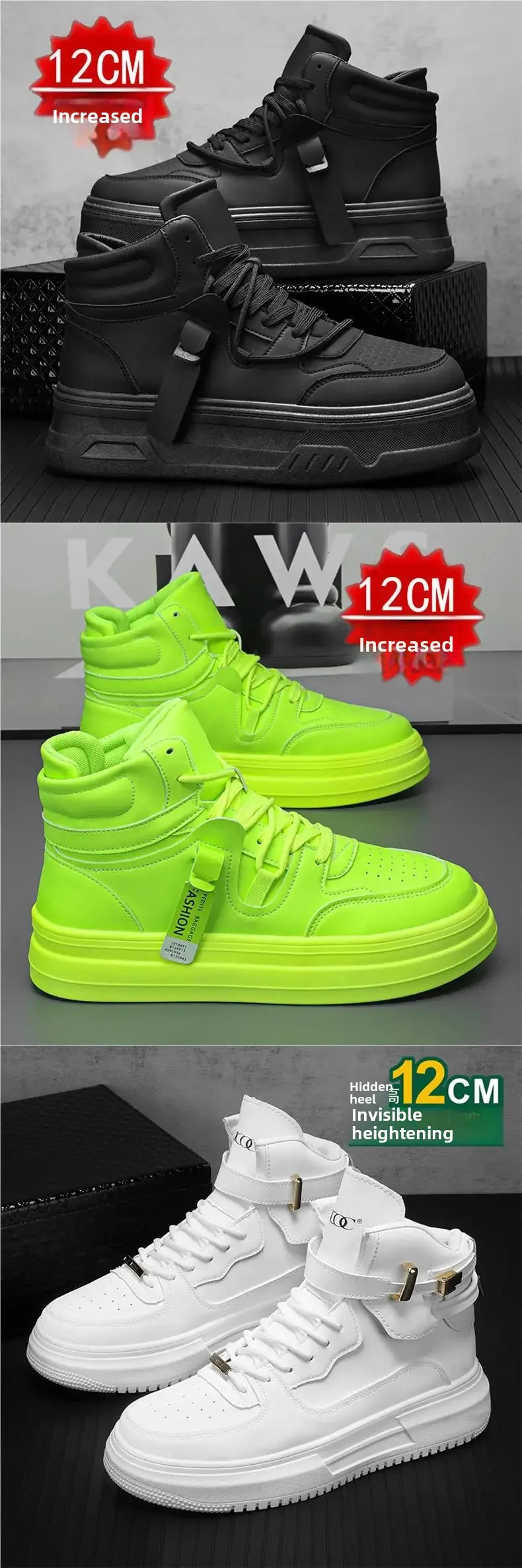 New Autumn/Winter Men's Casual Sneakers 12cm Increased Height 10cm Thick Sole White Shoes High Top Rubber Base Male Footwear