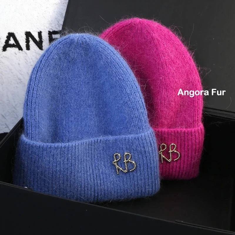 Letter Fluffy Angora Fur Beanies Winter Hat for Woman Luxury Fluffy Knited Hat Bonnet Lady Autumn Winter Warm Skullies Cap