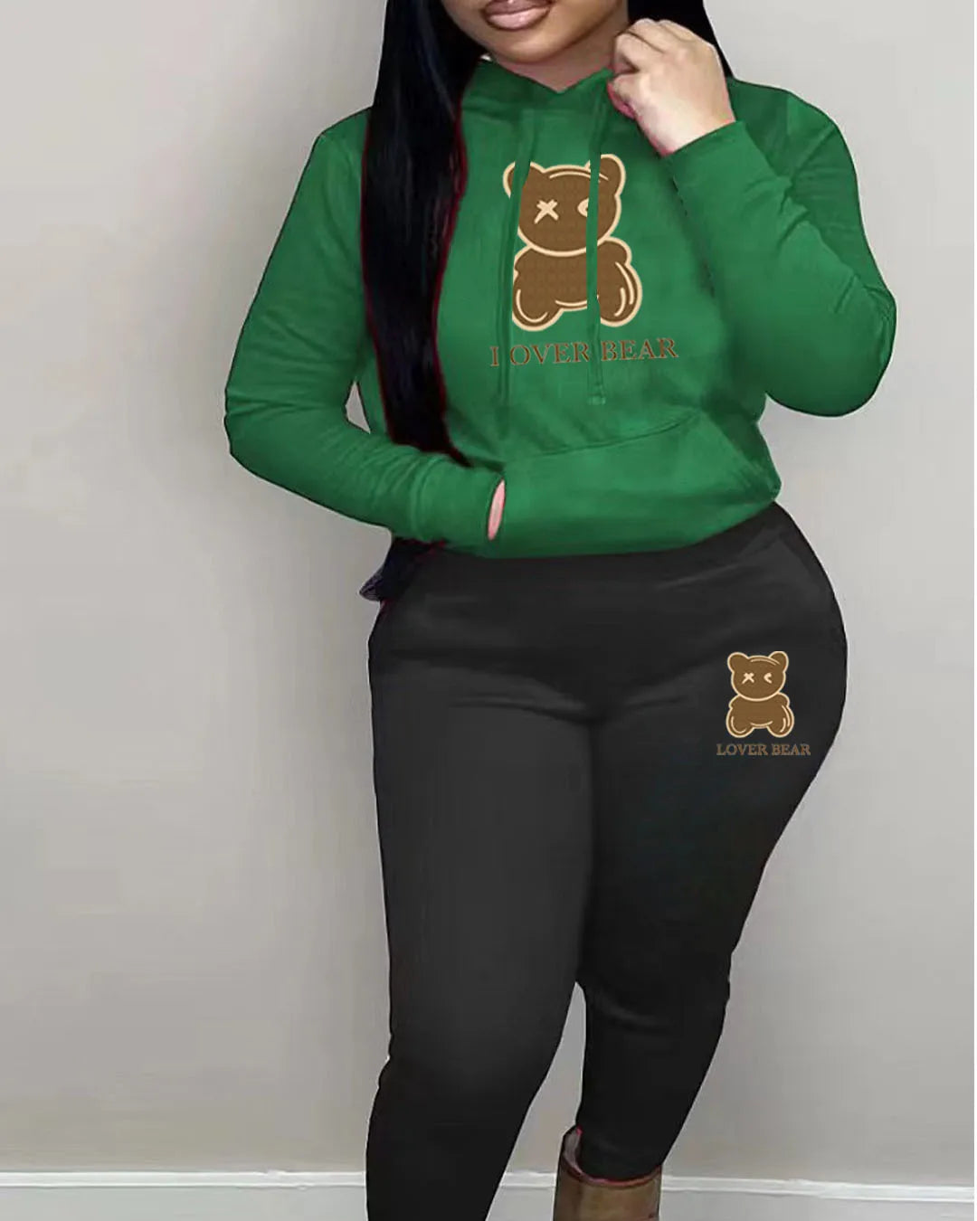 2 Piece Set Women Outfit Letter Bear Print Hooded Neck Hoodies Sweatshirt Pants Tracksuit 2024 Plus Size Streetwear Casual Suit