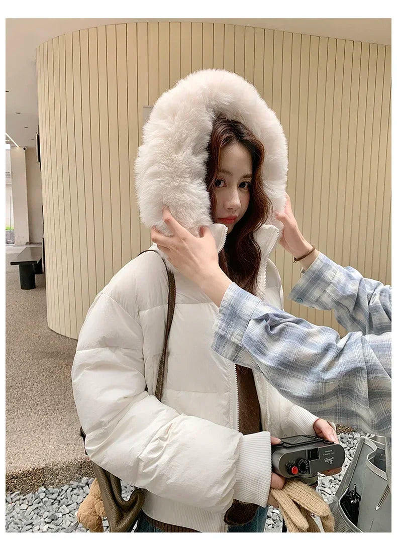 Casual Warm Fur Hooded Cropped Parkas Chic Streetwear Korean Style Down Cotton Coat Thicken Short Women's Winter 2025 Jacket
