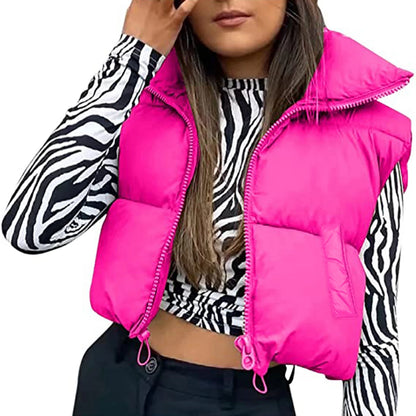 Fall Winter Warm Cropped Vest Jackets for Women Fashion Sleeveless Stand Collar Zip Up Puffer Waistcoat Street Style Outwear
