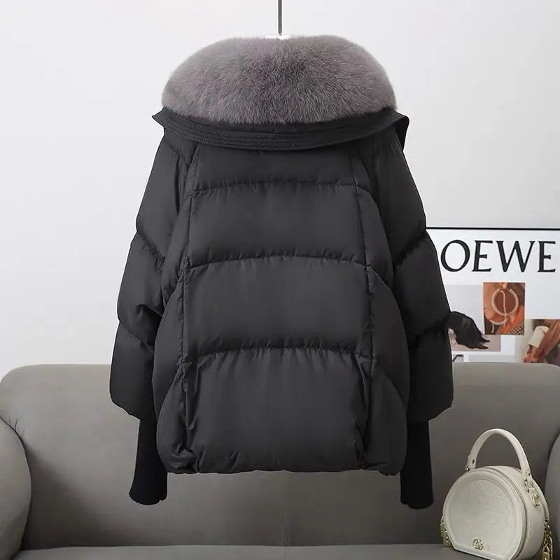 2025 Down Cotton Short Padded Jacket Women Parkas Fur Collar Autumn Winter Thick Coats Female Black Casual Outerwear Clothes