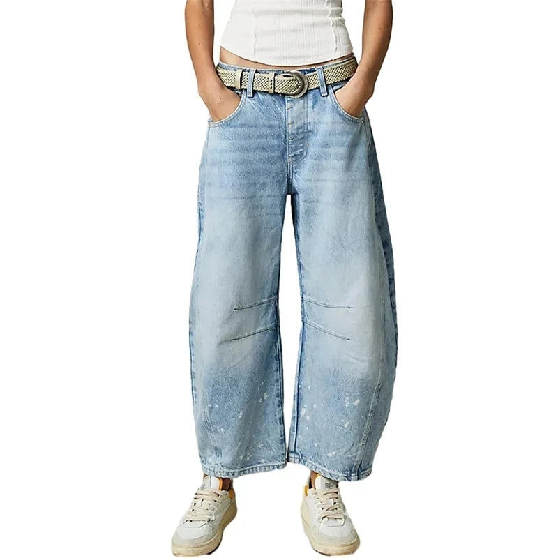 Midiross High Stretch Mid-Rise Barrel Jeans Fashion wide Leg Shape Women Casual Baggy Mid Waist Denim Pants