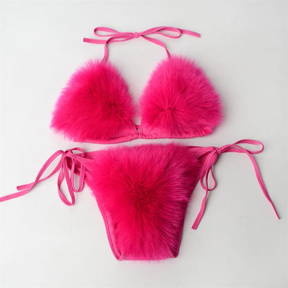 Summer Women Fake Fox Fur Sexy Halter Solid Color Bikini Set Swimsuits Triangle Sexy Bikini Set Faux Fur Swimsuit Plush Swimwear