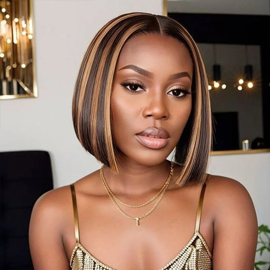 Straight Short Bob Wig P4/27 Highlight 13x4 Transparent Lace Frontal Wig 100% Brazilian Human Hair Wig 180 Density For Women
