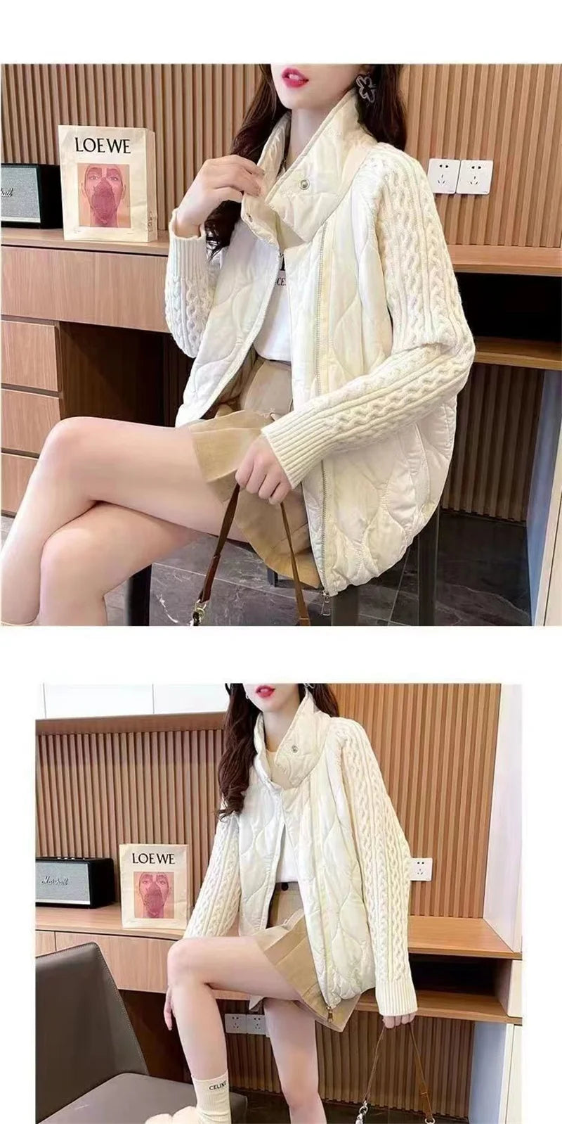 Stand Collar Sweater Sleeve Splicing Down Cotton Jacket Women Autumn Winter Warm Down Cotton Parkas 2025 New Female Fashion Coat