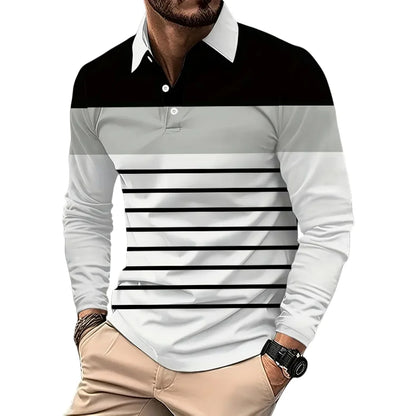 Vintage Stripe Print Mens Polo Shirts Fashion Lapel Golf Wear Men's T-Shirt Tops Street Sports Long Sleeve T Shirt Men Clothes