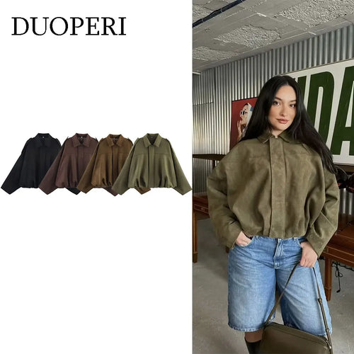 DUOPERI Women 2025 New Solid Bomber Jackets Lapel Neck Long Sleeves Female Elegance Chic Casual Jacket Tops