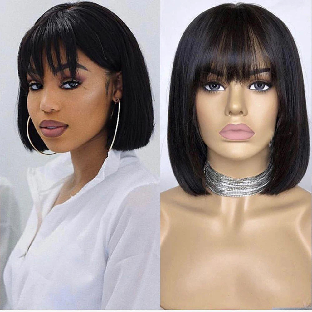 Short Straight Bob Wig With Bangs Brazilian Human Hair Bob Wigs Remy Full Machine Made Wig for Women