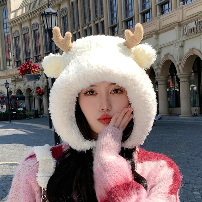 Knitted Hat Beanie Winter Warm Fleece Lined Reindeer Antlers Korean Style Cute Christmas Party Women Girls Thickened Thermal