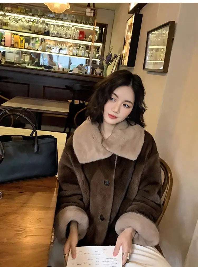2025 New Coffee Colored Faux Mink Fur Spliced Lapel Fur Coat for Women Young and Loose